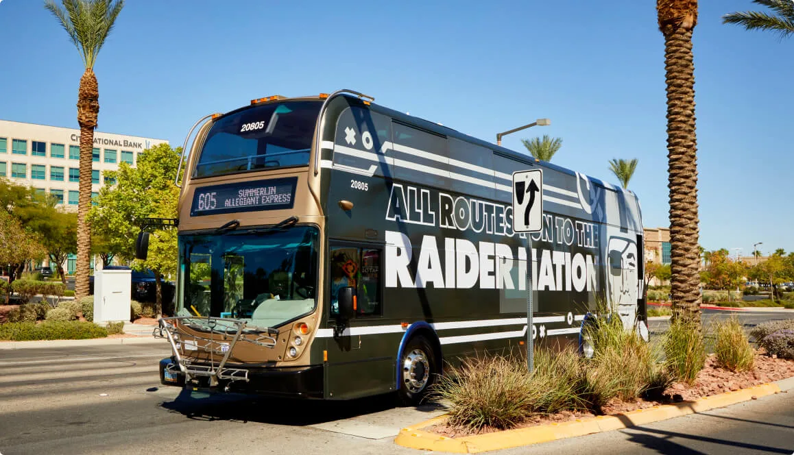 Las Vegas Raiders-branded double decker bus used for the Game Day Express service