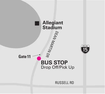 Map showing Allegiant Stadium near Dean Martin Dr, with a marked bus stop for drop-off/pick-up by Gate 11. Nearby roads include Russell Rd and Interstate 15 (I-15) to the east.