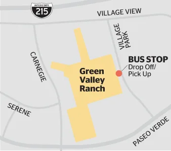 Map showing Green Valley Ranch area with nearby streets: Carnegie, Serene, Village View, Village Park, and Paseo Verde. A bus stop for drop off/pick up is marked on Village Park. Interstate 215 is shown at the top.