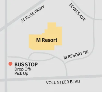 Map showing M Resort at the intersection of St Rose Parkway, Bowes Ave, M Resort Dr, and Volunteer Blvd, with a bus stop for drop off and pick up marked just south of the resort.