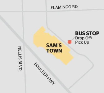 Map showing Sams Town in yellow, bordered by Nellis Blvd and Boulder Hwy. A labeled bus stop for drop off and pick up is marked with a red dot northeast of the building, near Flamingo Rd.