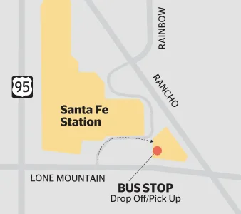 Map showing Santa Fe Station near US 95, with nearby streets Rainbow, Rancho, and Lone Mountain. A marked bus stop for drop off/pick up is located south of Santa Fe Station, near Lone Mountain Road.