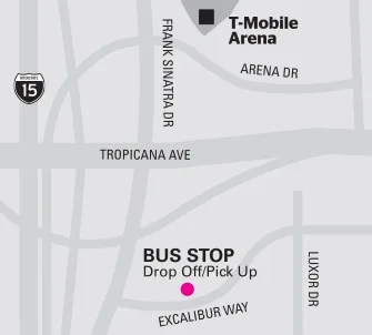Map showing the location of a T-Mobile Arena near Frank Sinatra Dr and Arena Dr, with a bus stop for drop off/pick up marked on Excalibur Way near Luxor Dr and Tropicana Ave, close to Interstate 15.