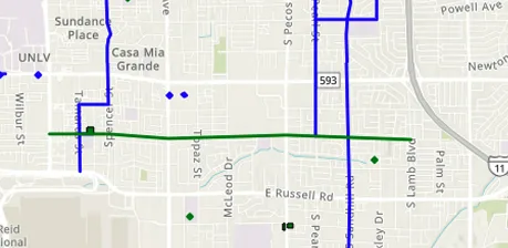 A map showing street layouts with green and blue lines indicating specific routes, intersecting major roads such as S Pecos Rd, Spencer St, and McLeod Dr. Landmarks like UNLV and Casa Mia Grande are labeled.