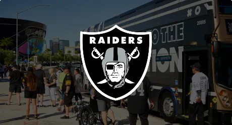 The Las Vegas Raiders logo overlays an outdoor scene with people gathered near a Raiders-themed bus, likely before a game or event, with a stadium visible in the background.