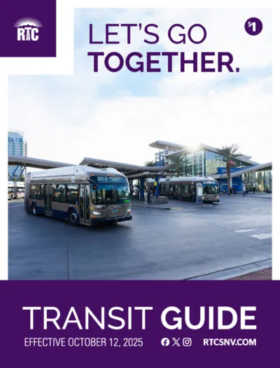 Buses parked at a modern transit center with palm trees and buildings in the background; text reads LETS GO TOGETHER. and TRANSIT GUIDE Effective October 12, 2025. RTC logo and website information are also visible.