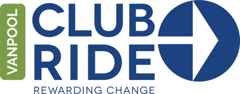 Club Ride logo featuring the words VANPOOL vertically on a green rectangle, and CLUB RIDE in large blue letters with a blue circular arrow symbol and REWARDING CHANGE below in smaller blue text.