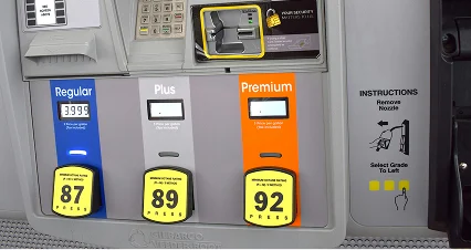 A gas pump with three fuel options labeled Regular (87), Plus (89), and Premium (92), each with a yellow button to press. There are instructions on the right for removing the nozzle and selecting the grade.