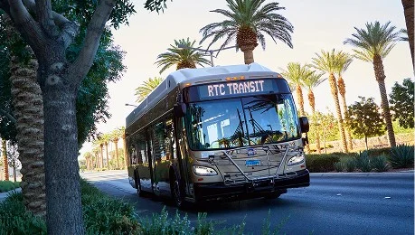 A public RTC Transit bus drives down a sunny street lined with palm trees and green landscaping, under a clear blue sky.